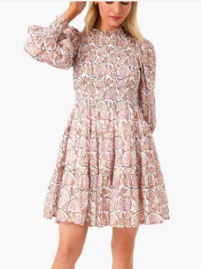 Oliphant Smocked Pink/Gold Floral Long Sleeve Dress SIZE SMALL